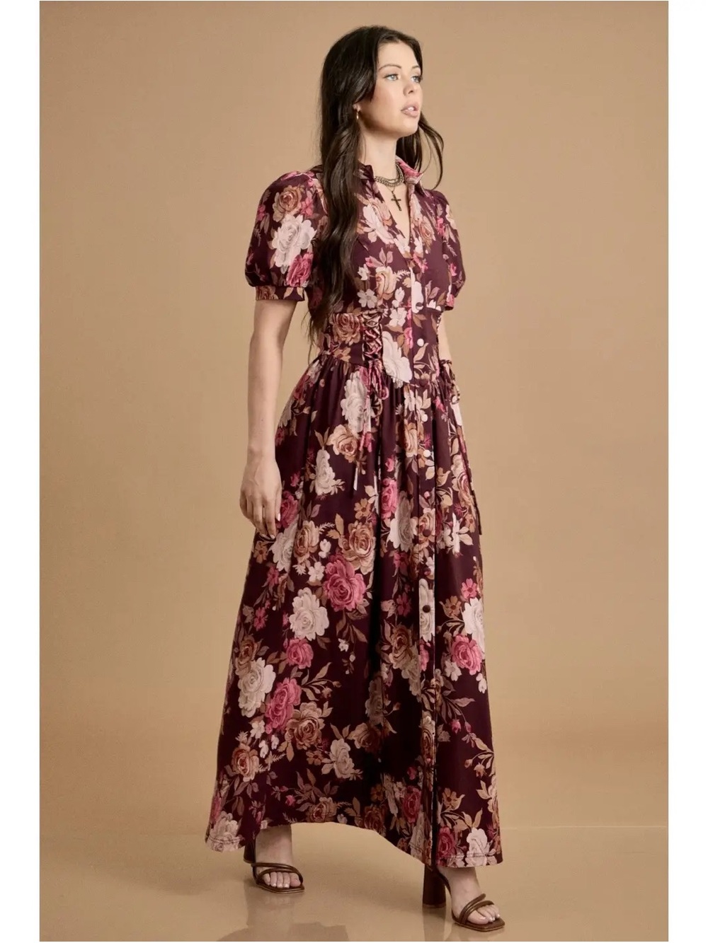 Merlot Floral Puff-Sleeve Maxi Dress